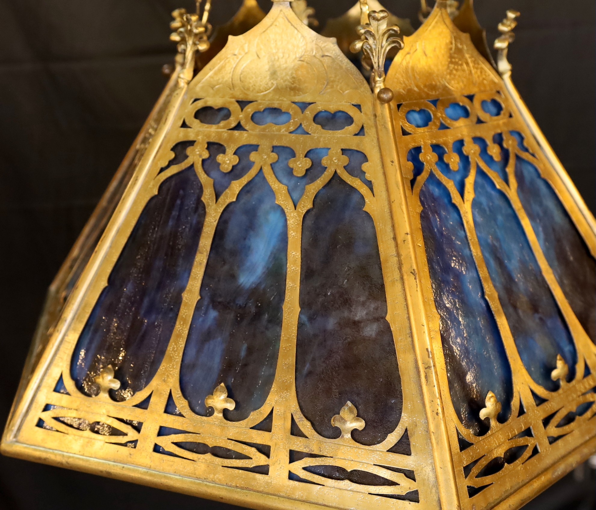 A 19th century Scottish Gothic hexagonal brass and marbled glass light fitting, drop 70cm. width 63cm